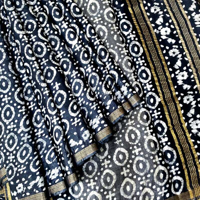 Batik Print Art Silk Saree (Black)