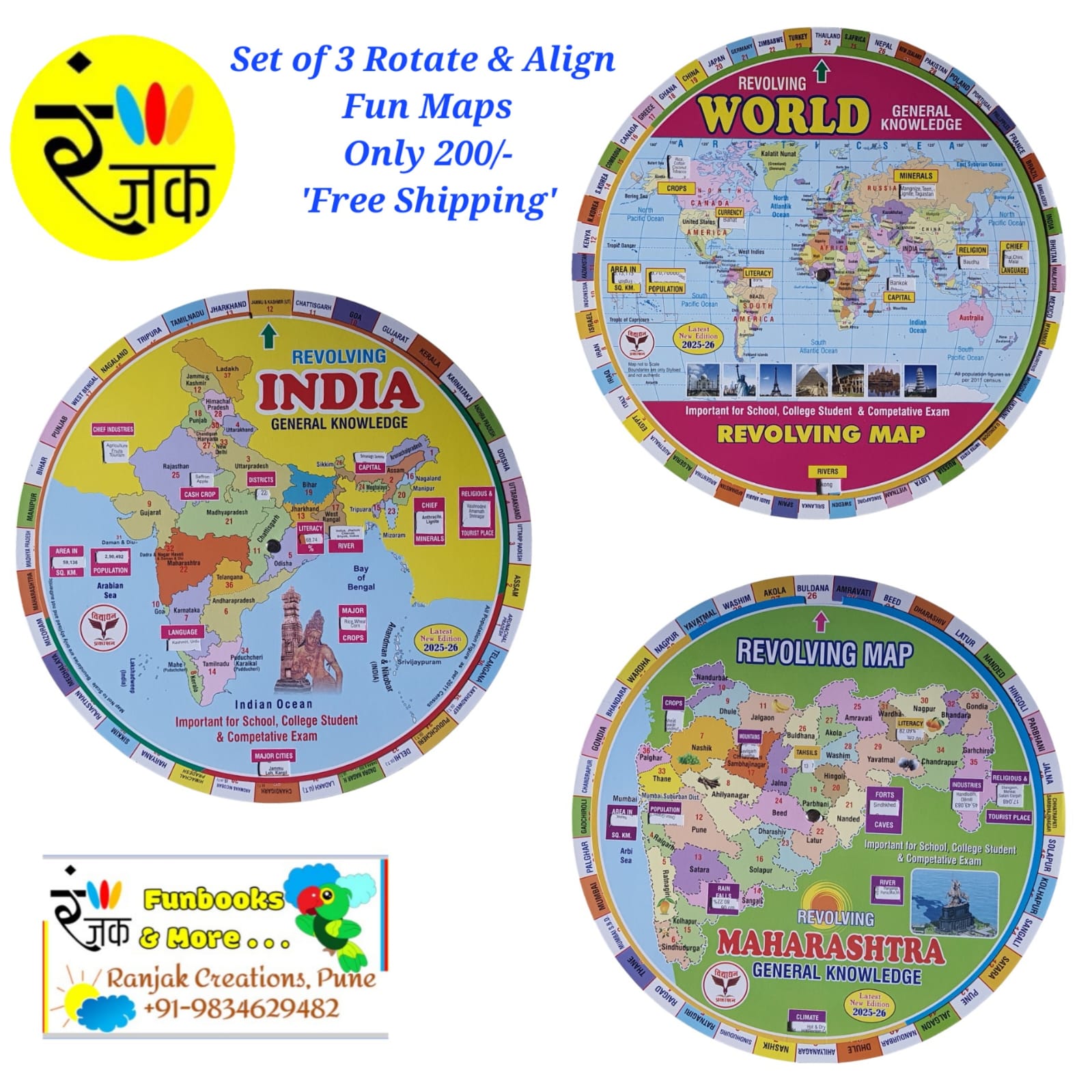 Copy of Rotate & Align Maps (English) -Set of 3 maps- World, India, Maharashtra State