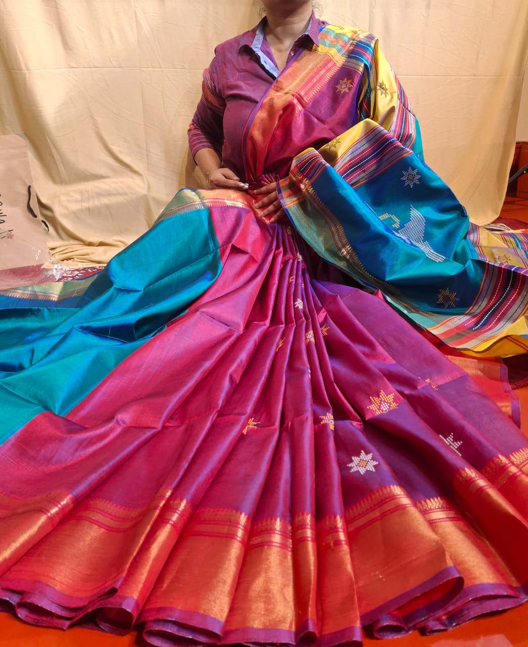 Color blue rani pink dual tone kalashetra/kalakshetra saree