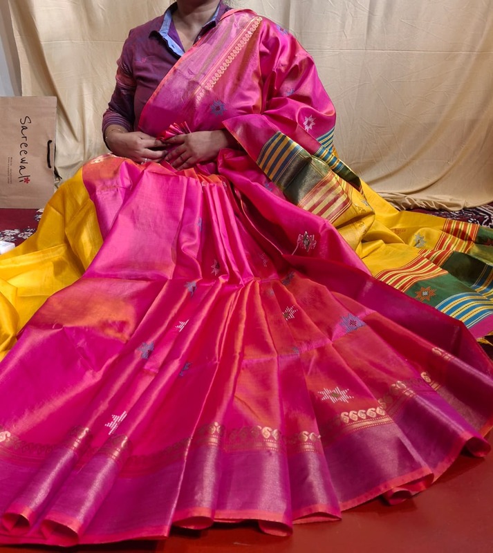 Color rani pink and yellow dual tone kalashetra/kalakshetra saree
