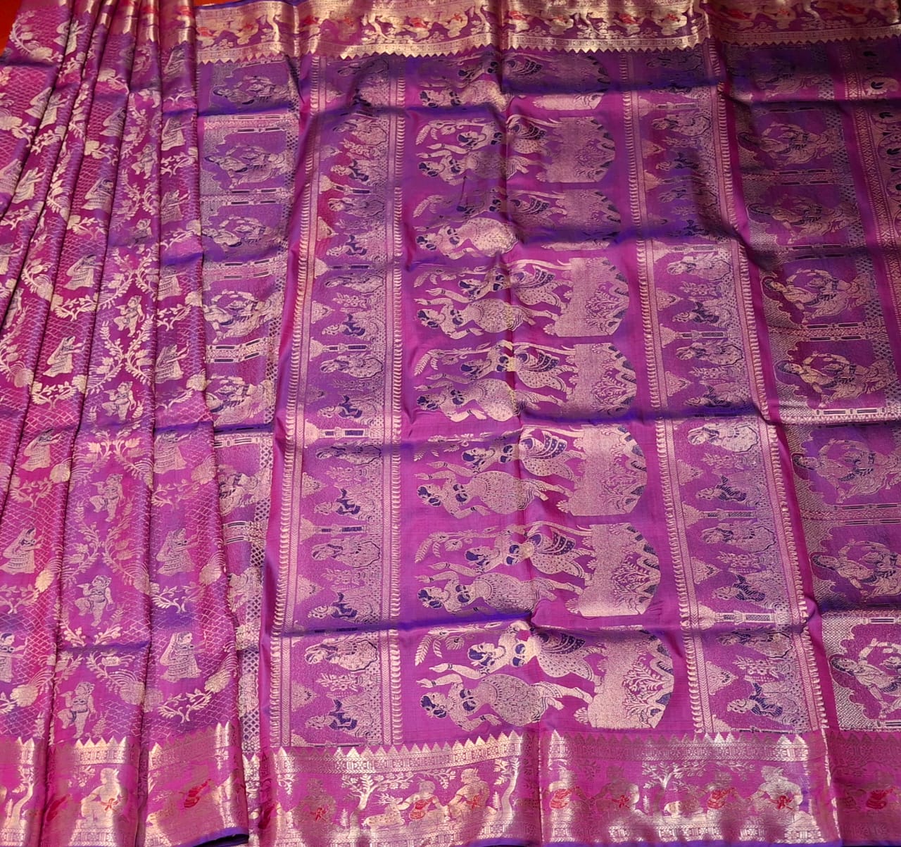 All over work Swarnachari Blue Rani pink dual tone with golden colour zari