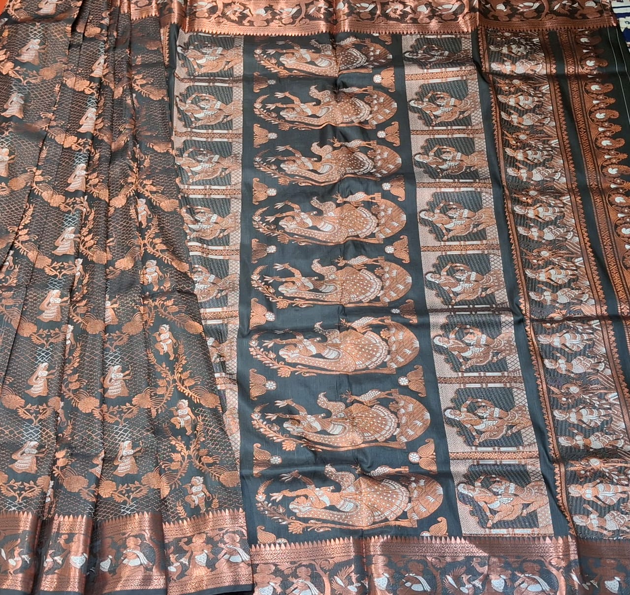 All over work Swarnachari Jet black with copper colour zari
