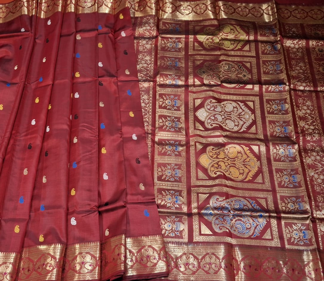 Maroonish red color golani buta mulberry silk revival swarnachari