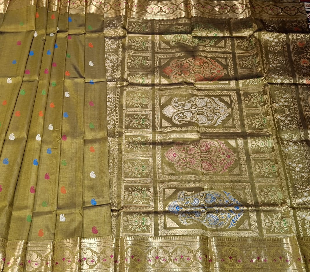 Mehendi green color golani buta mulberry silk revival Swarnachari