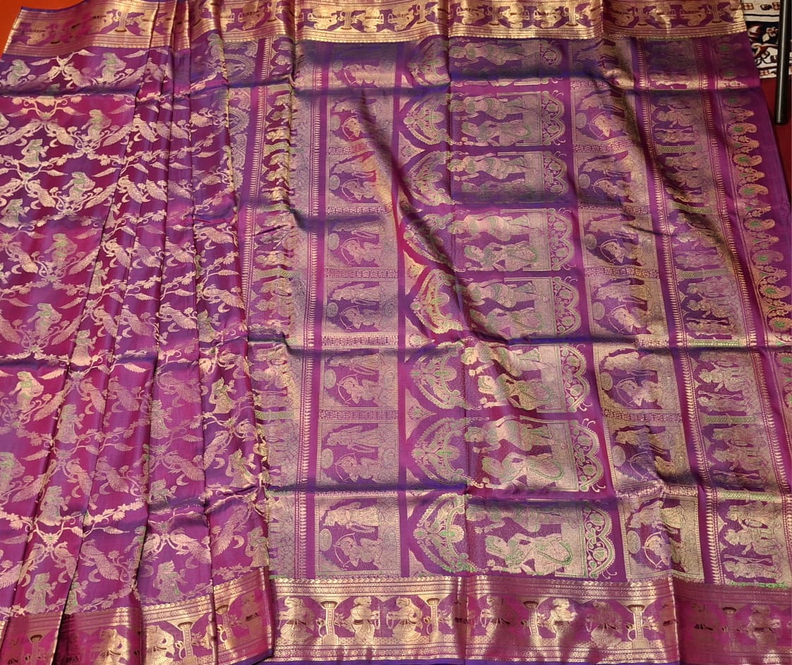 All over work Swarnachari Color Blue Rani pink dual tone with golden colour zari