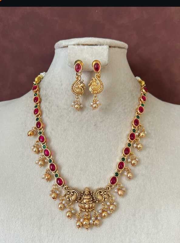 Lakshmi Temple peacock Ruby Necklace Set