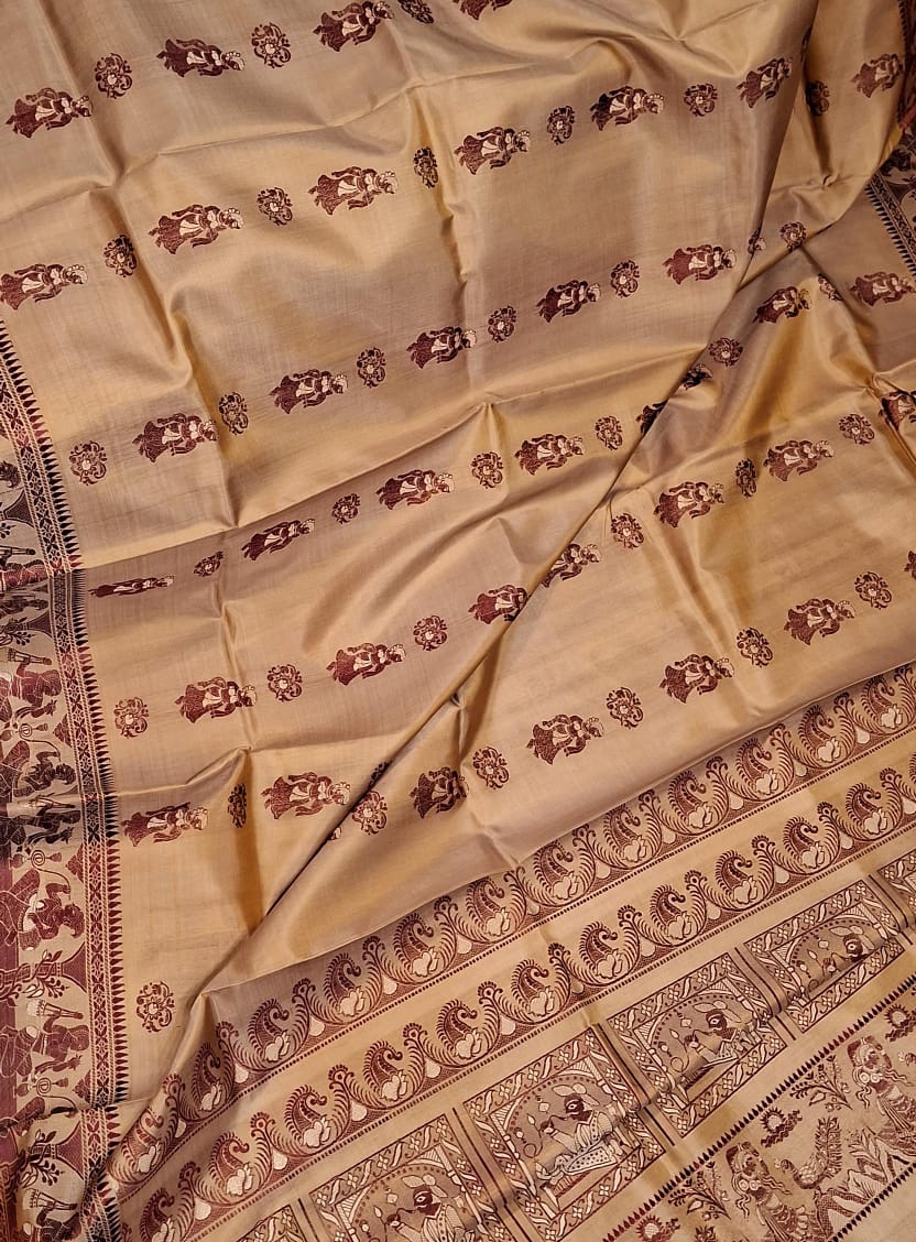 Figure motif Baluchari Color Mustard Chandan dual tone saree