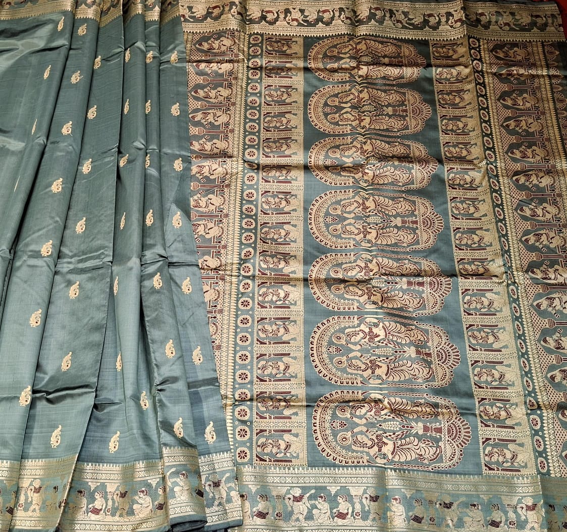 Figure motif Baluchari color greyish green saree
