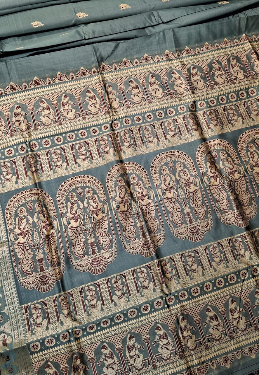 Figure motif Baluchari color greyish green saree