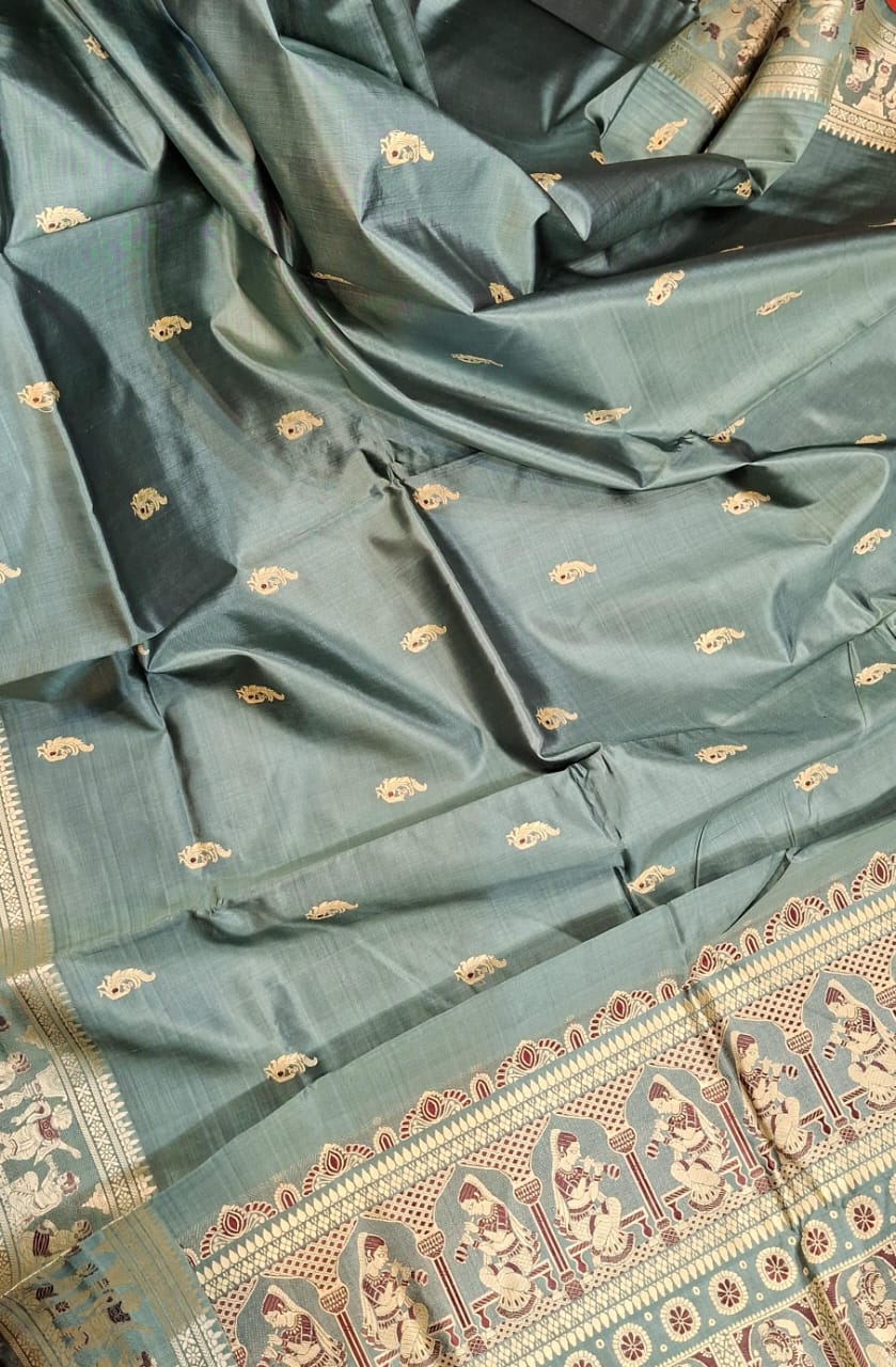 Figure motif Baluchari color greyish green saree