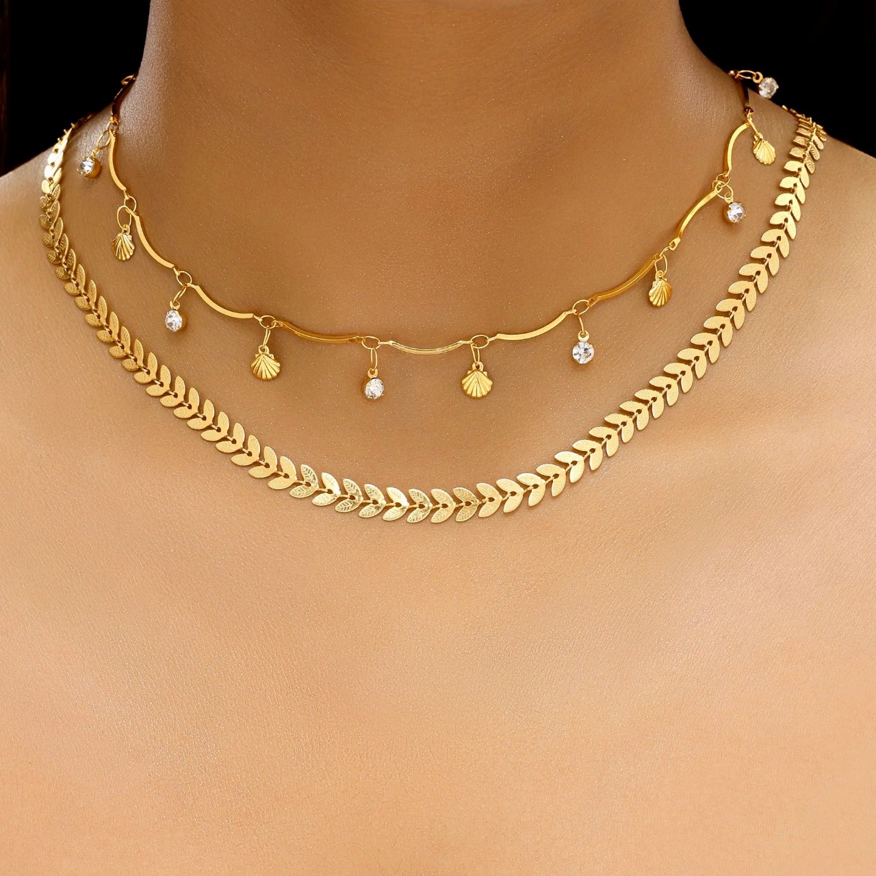 Anti-Tarnish Double Layer Chevron Chain with Shell Charms Necklace