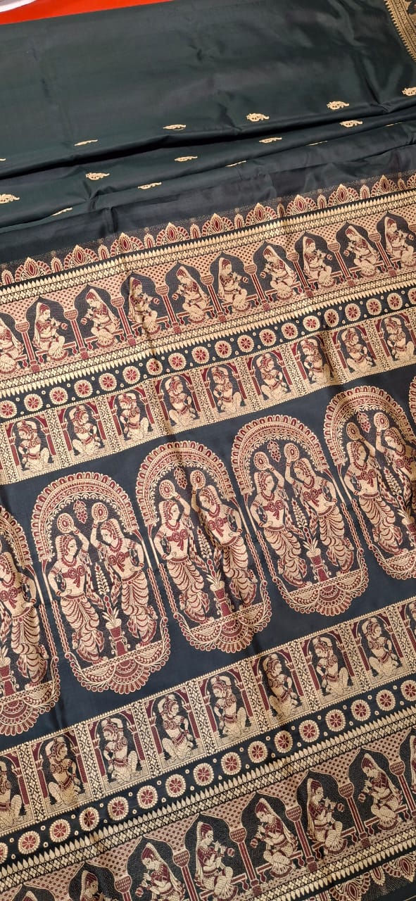 Figure motif Baluchari saree in color petrol green