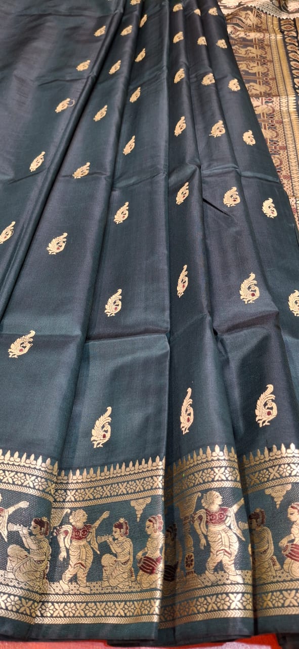 Figure motif Baluchari saree in color petrol green
