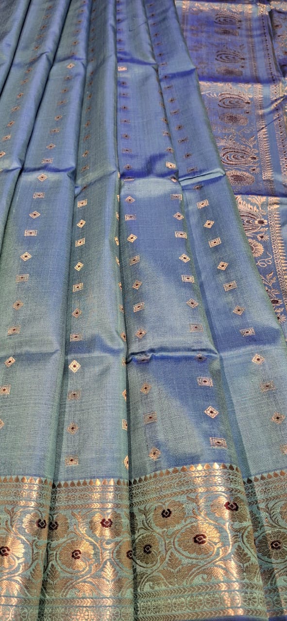 No figurine motif 2000 buta Swarnachari Powder blue color saree No figurine motif 2000 buta Swarnachari Powder blue color saree