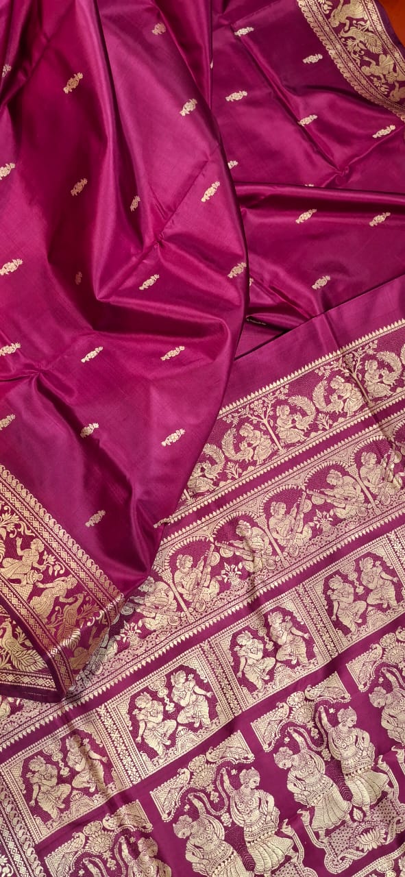 Magenta body color with red motif pure Mulberry silk Baluchari saree