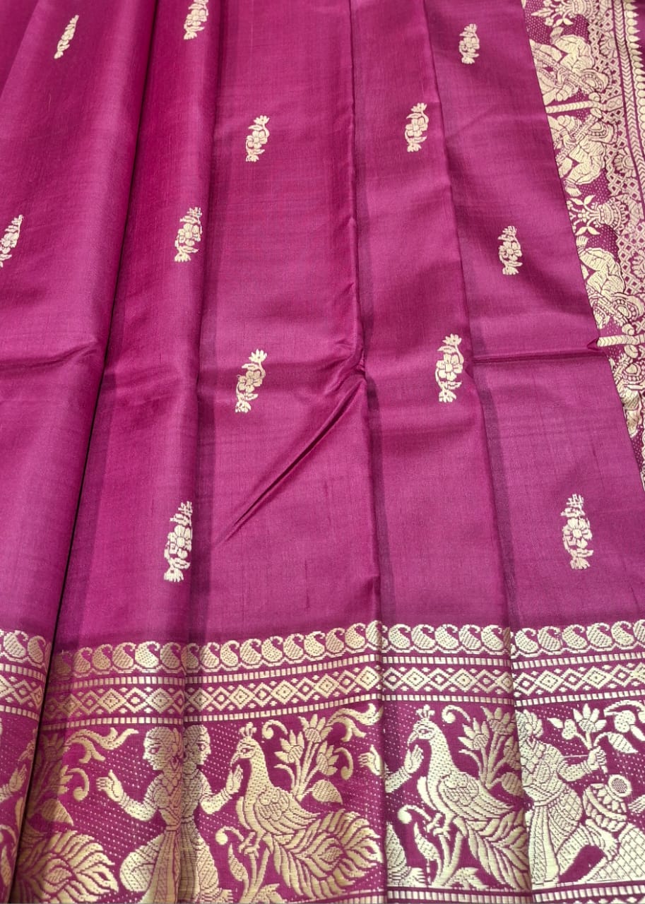 Magenta body color with red motif pure Mulberry silk Baluchari saree