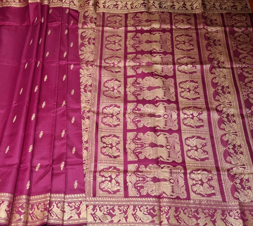 Magenta body color with red motif pure Mulberry silk Baluchari saree