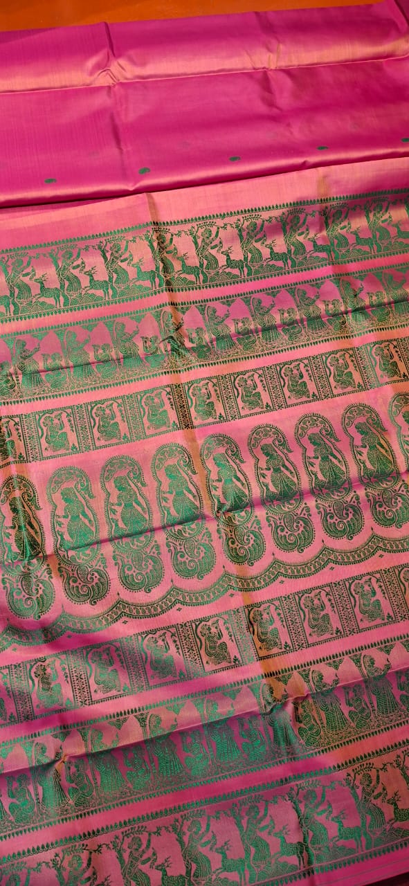 Mustard Rani pink dual tone body color with green motif pure Mulberry silk Baluchari saree