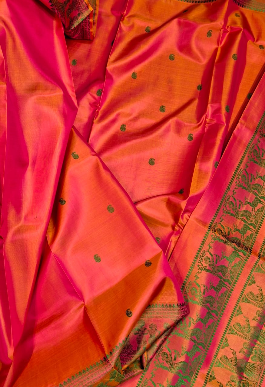Mustard Rani pink dual tone body color with green motif pure Mulberry silk Baluchari saree