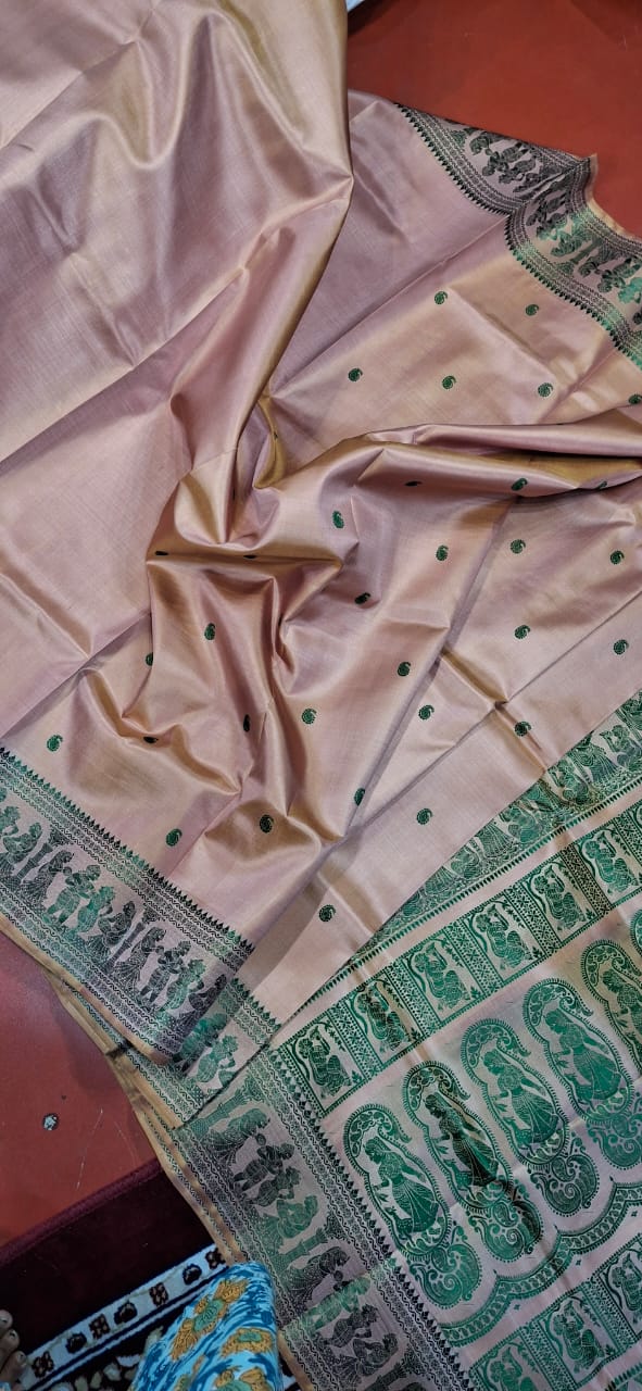 Baby pink mustard dual tone body color with green motif pure Mulberry silk Baluchari saree