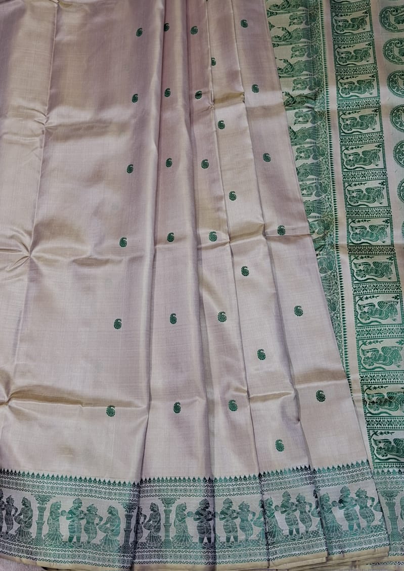 Baby pink mustard dual tone body color with green motif pure Mulberry silk Baluchari saree