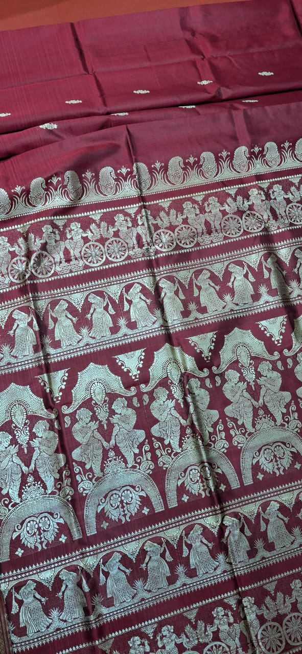 Maroonish red body color with beige motif pure Mulberry silk Baluchari saree