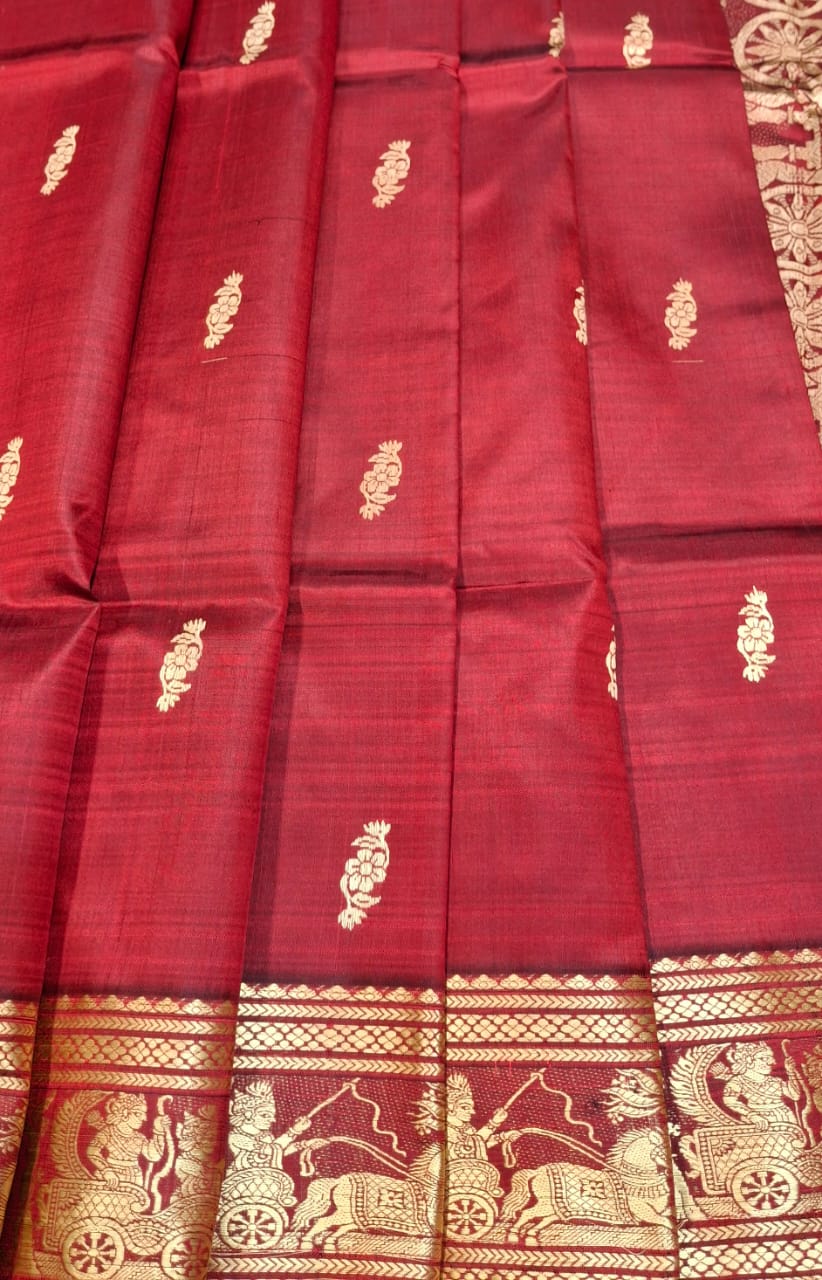 Maroonish red body color with beige motif pure Mulberry silk Baluchari saree