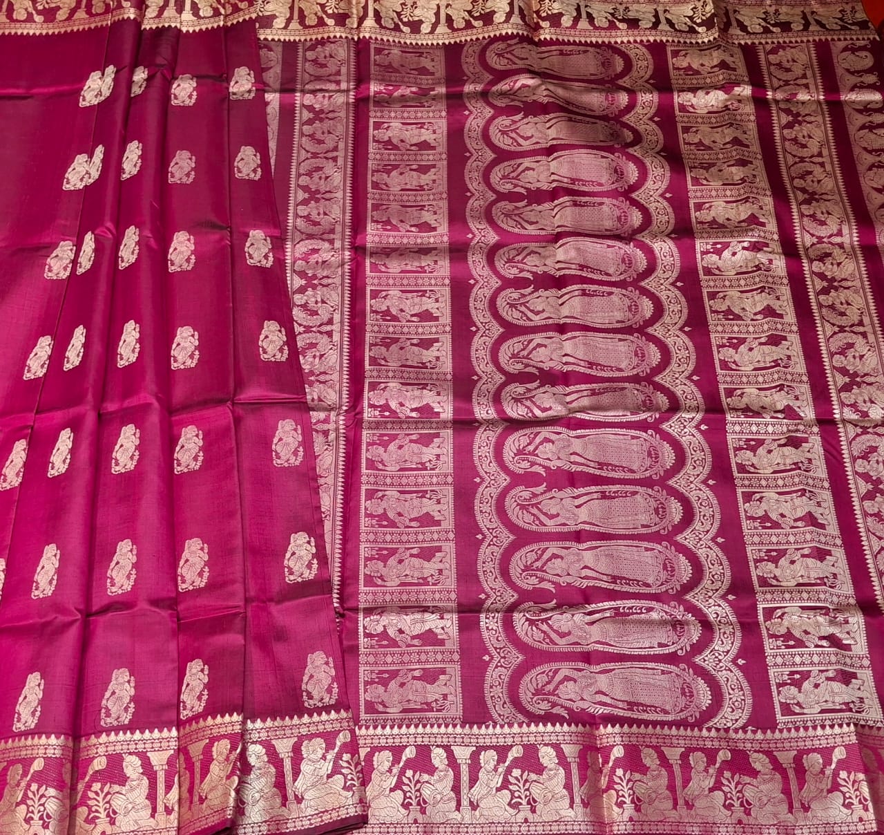 Magenta body color with beige motif pure Mulberry silk Baluchari saree