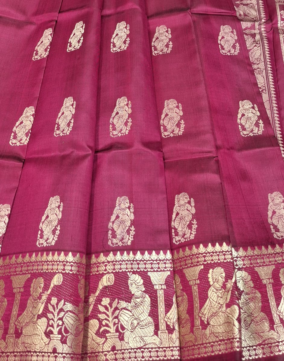 Magenta body color with beige motif pure Mulberry silk Baluchari saree