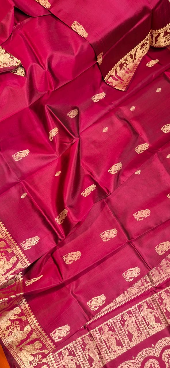 Magenta body color with beige motif pure Mulberry silk Baluchari saree