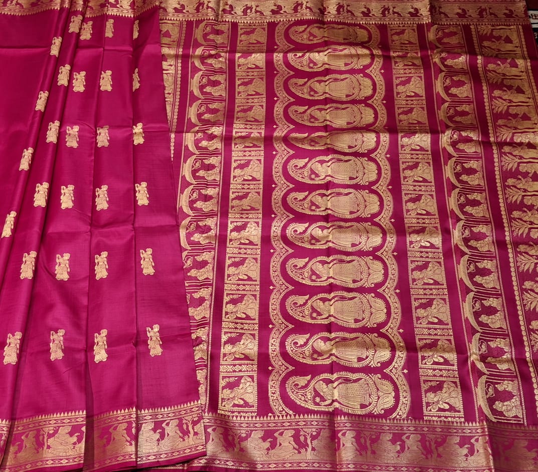 Rani pink color with beige motif pure Mulberry silk Baluchari saree