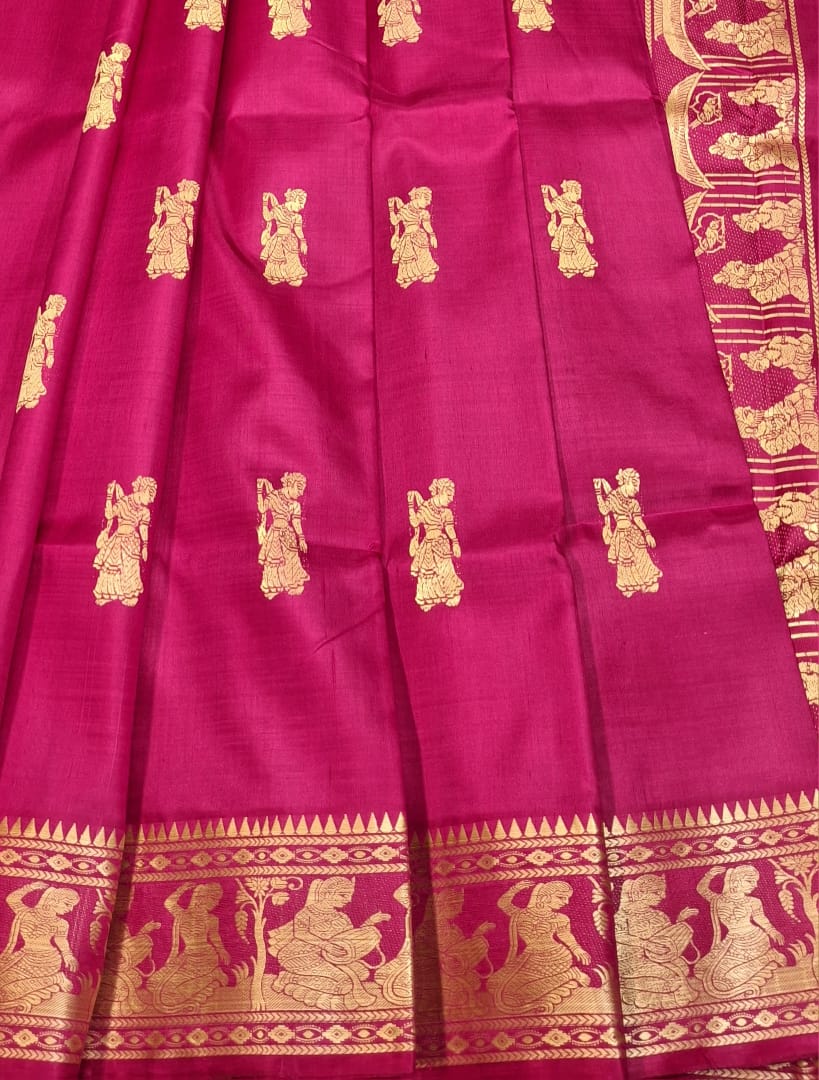 Rani pink color with beige motif pure Mulberry silk Baluchari saree