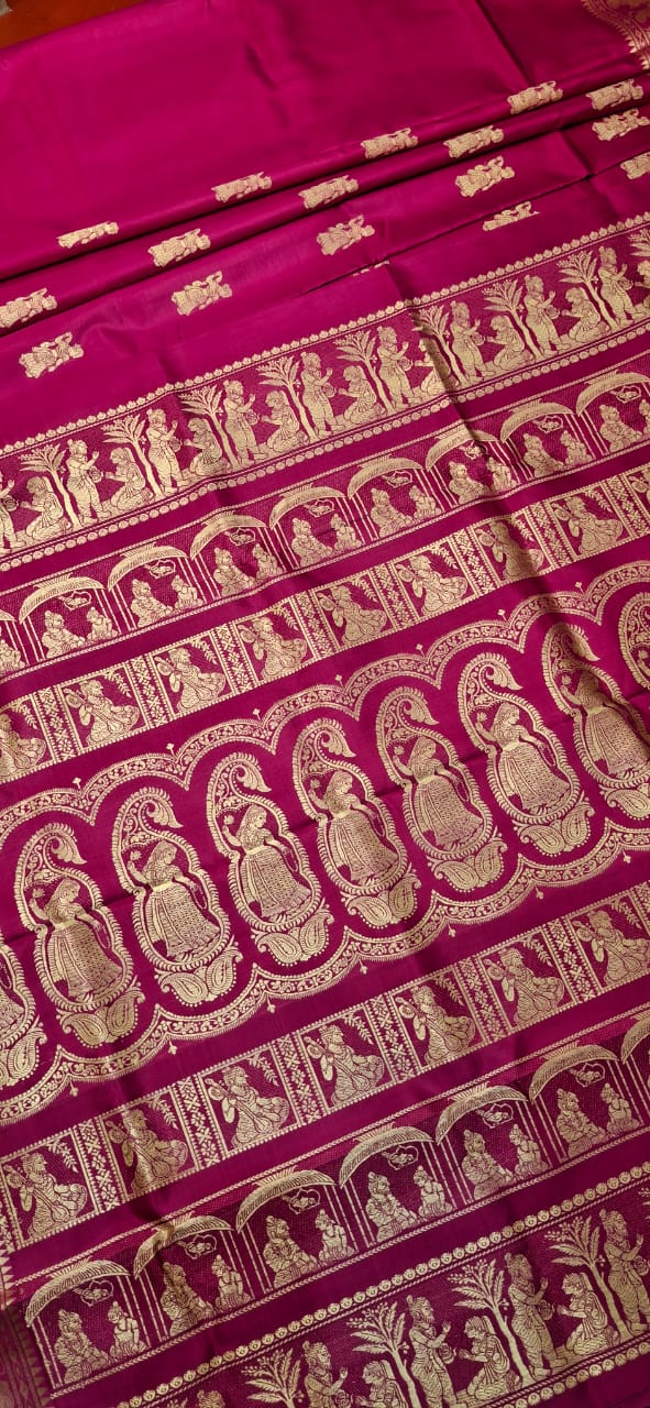 Rani pink color with beige motif pure Mulberry silk Baluchari saree