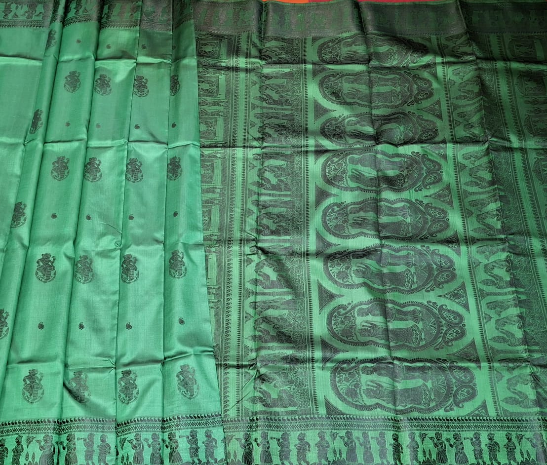 Bottle green color with beige motif pure Mulberry silk Baluchari saree