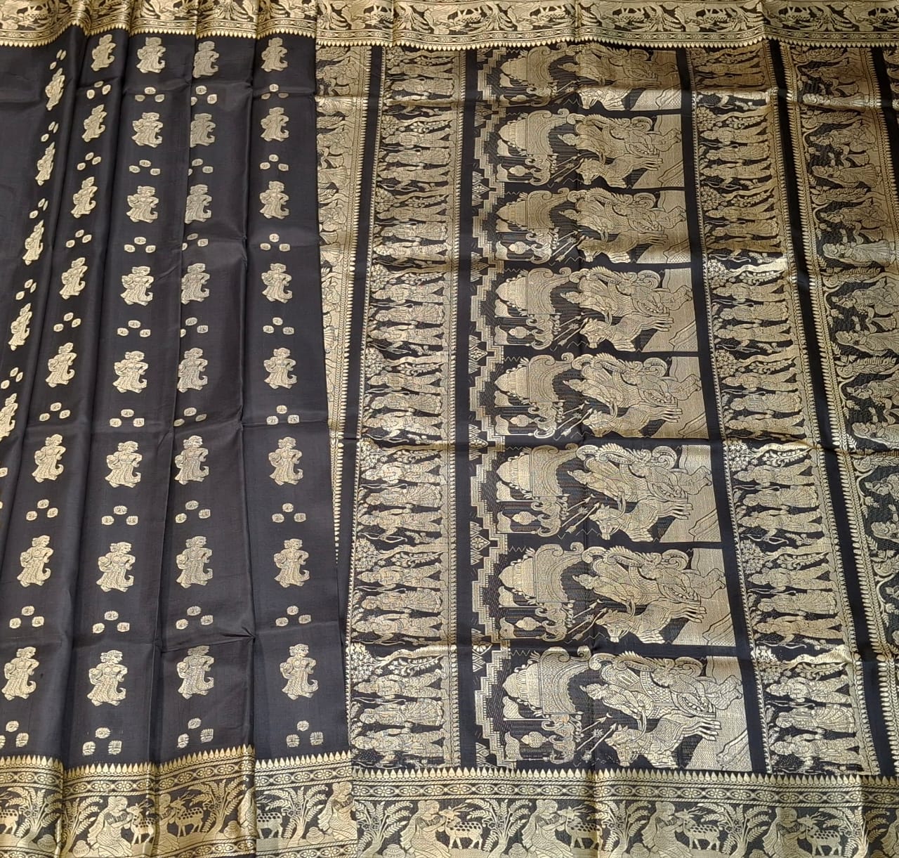 Jet black color with beige motif pure Mulberry silk Baluchari saree
