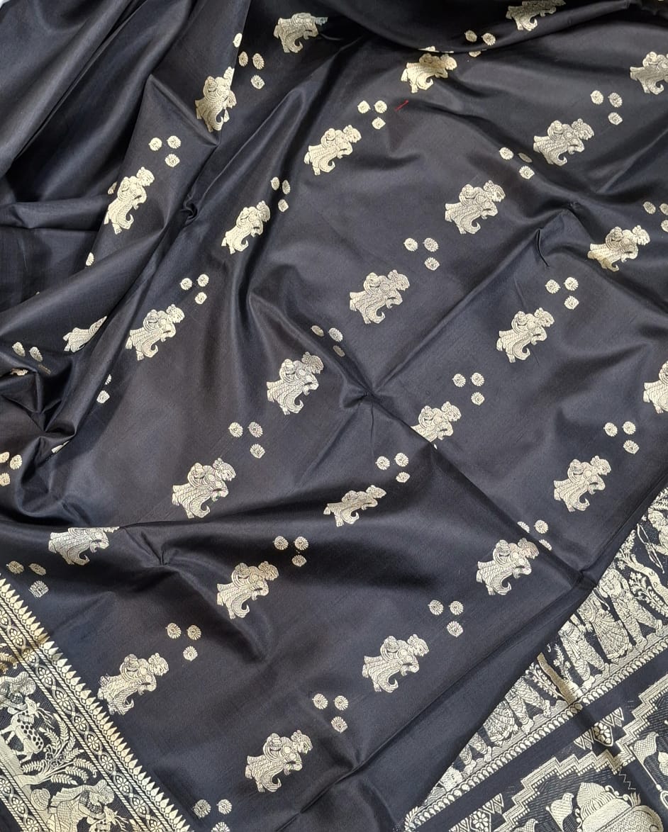 Jet black color with beige motif pure Mulberry silk Baluchari saree