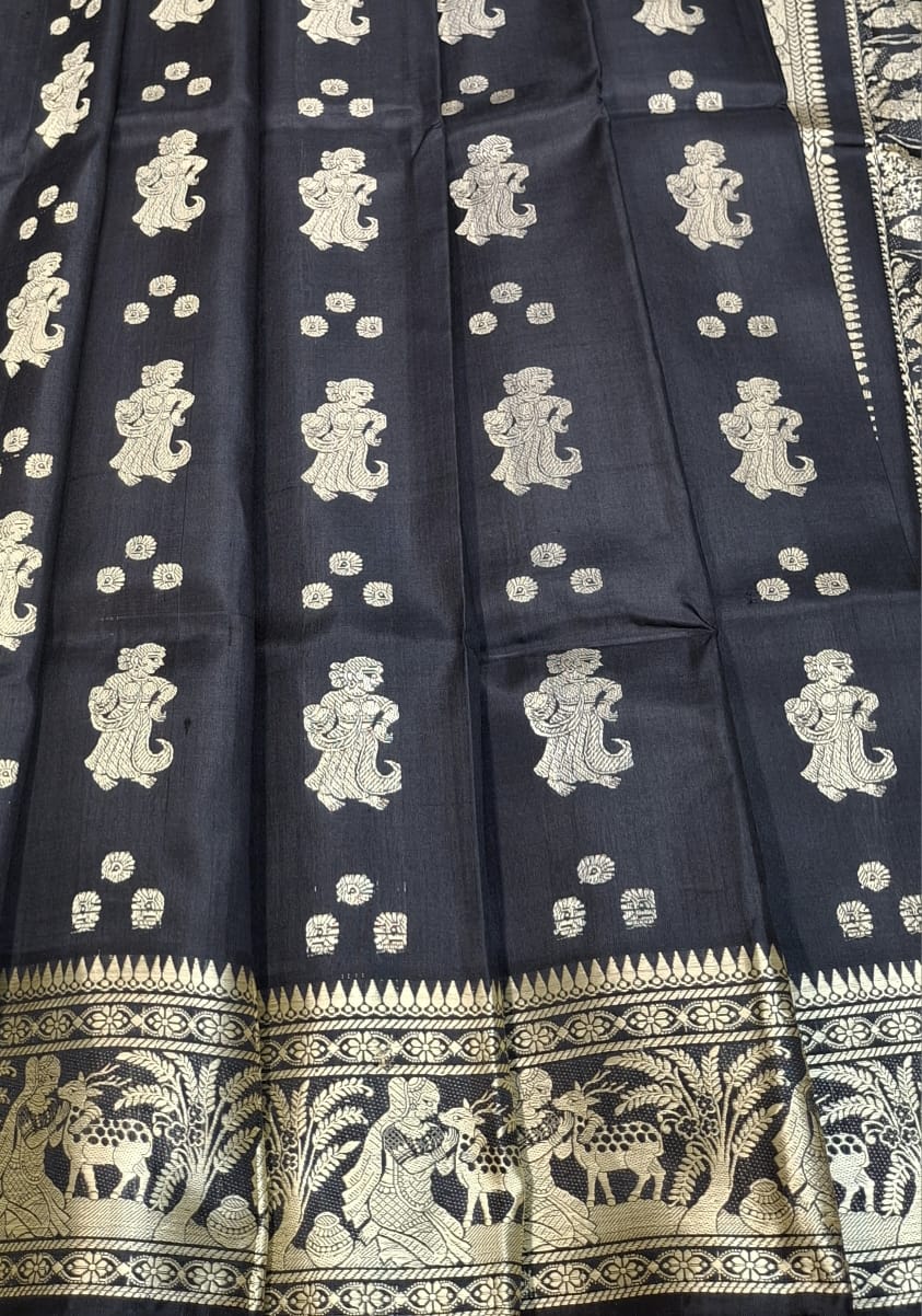 Jet black color with beige motif pure Mulberry silk Baluchari saree