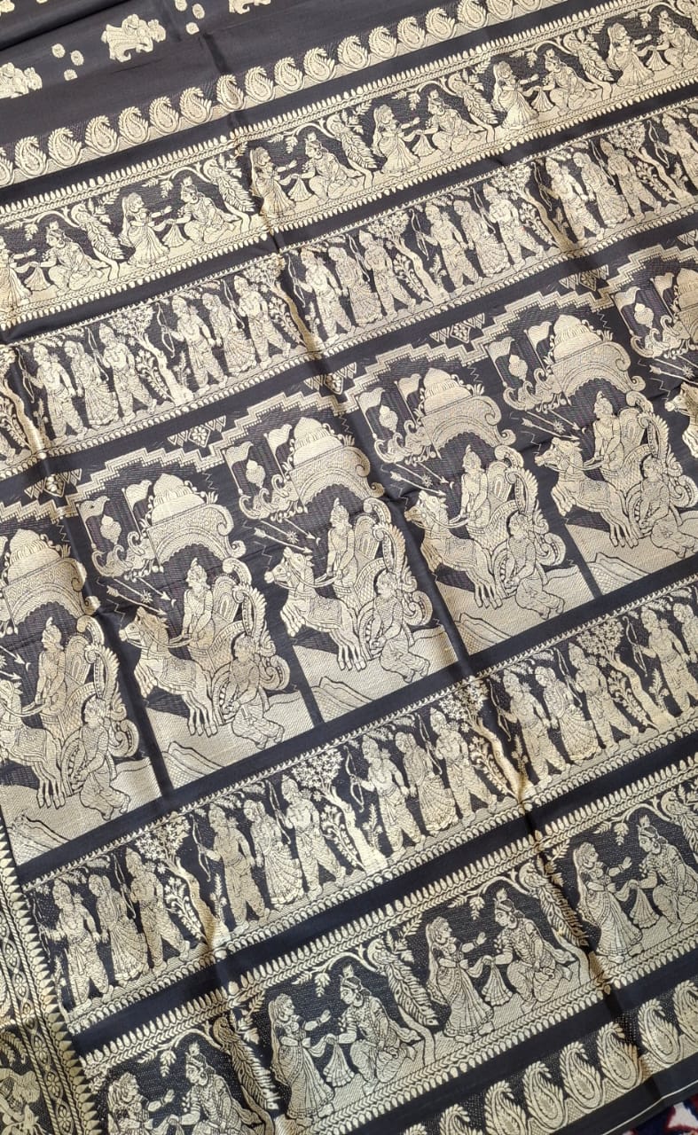 Jet black color with beige motif pure Mulberry silk Baluchari saree