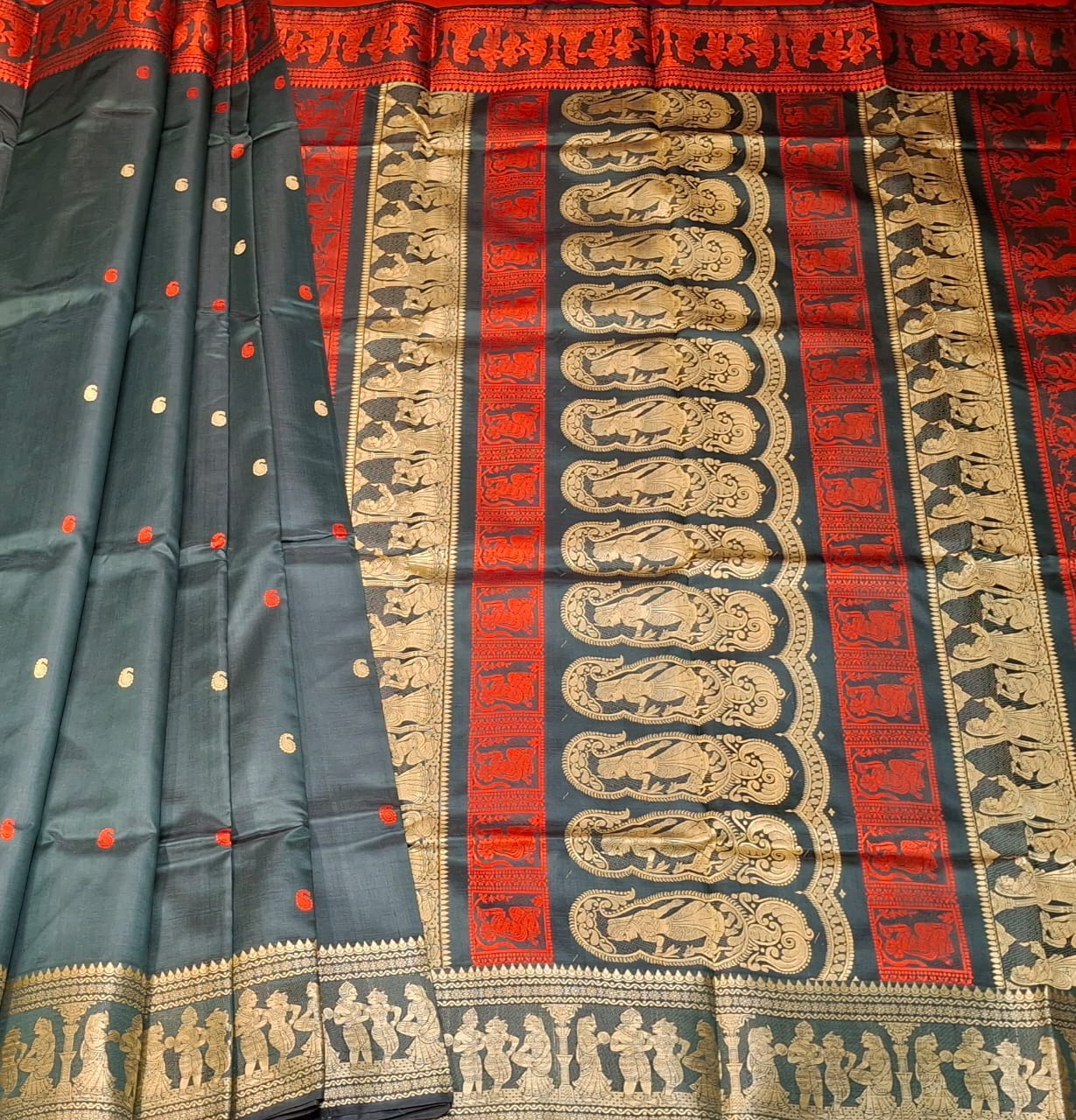 Blackish green color with beige motif pure Mulberry silk Baluchari saree