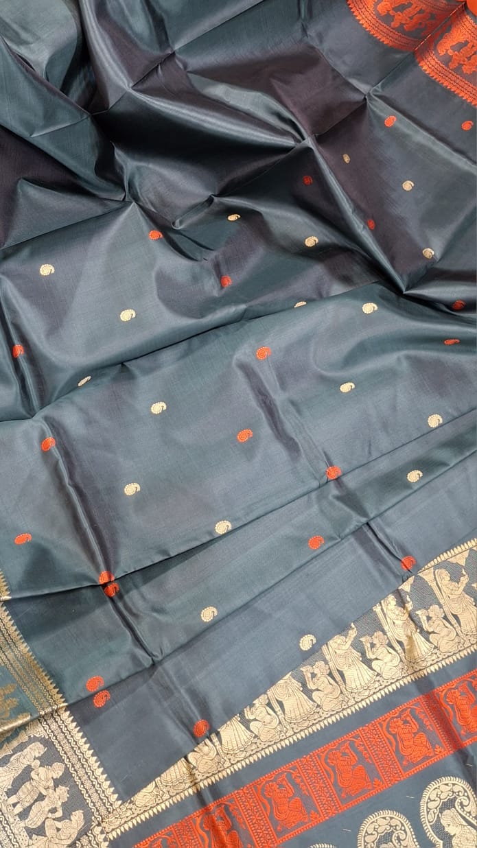 Blackish green color with beige motif pure Mulberry silk Baluchari saree