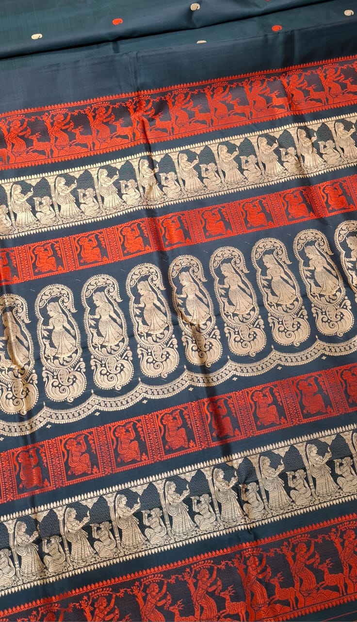 Blackish green color with beige motif pure Mulberry silk Baluchari saree