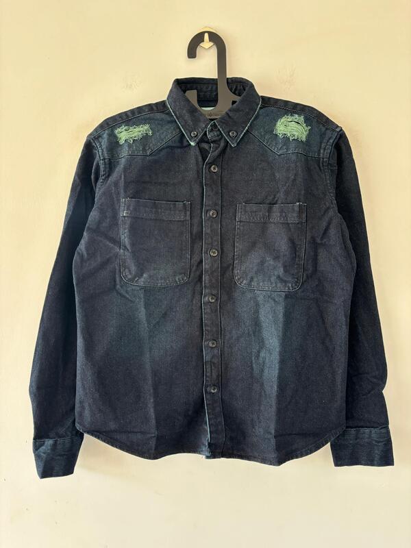 Dark blue distressed denim shirt