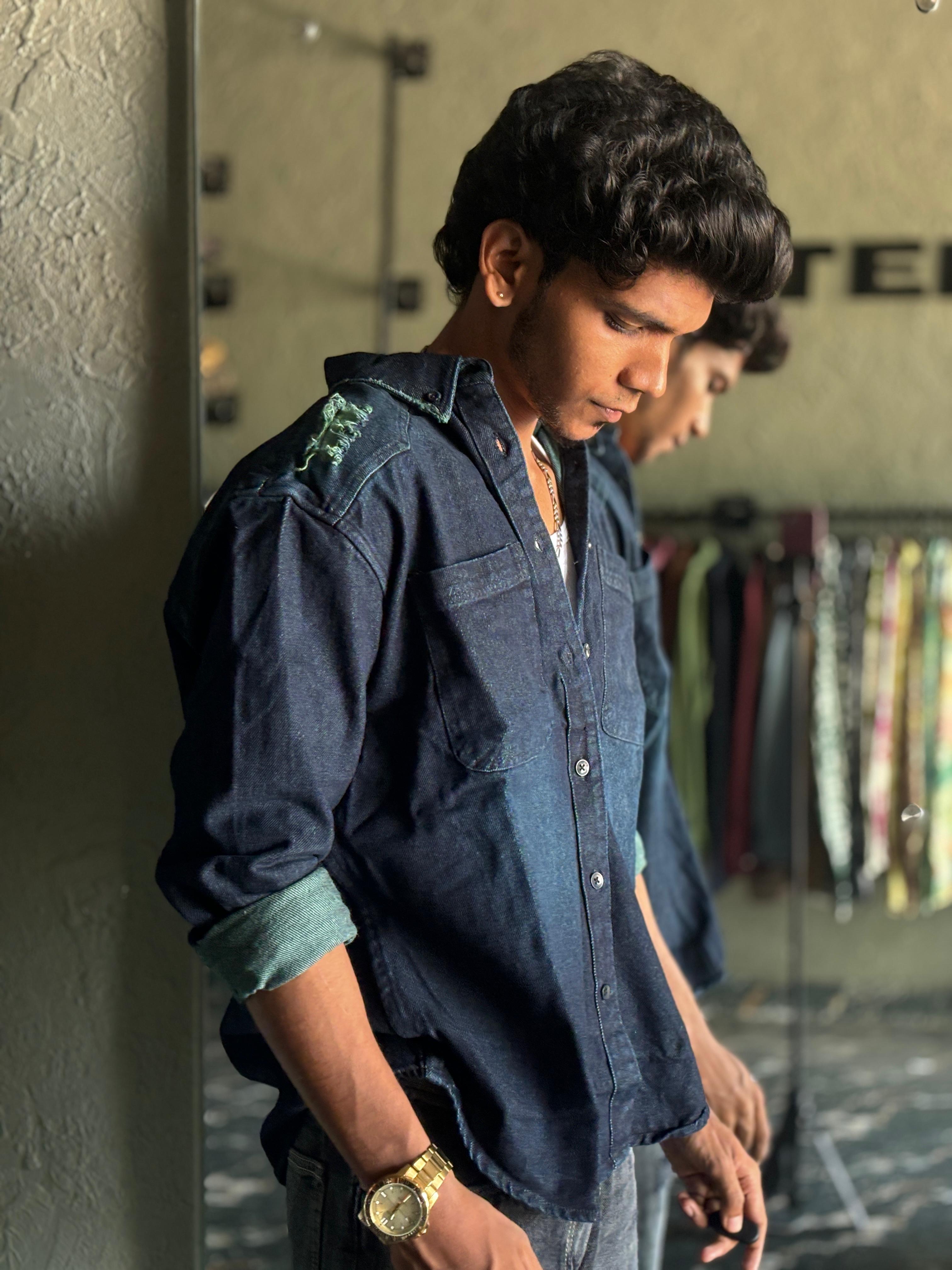 Dark blue distressed denim shirt