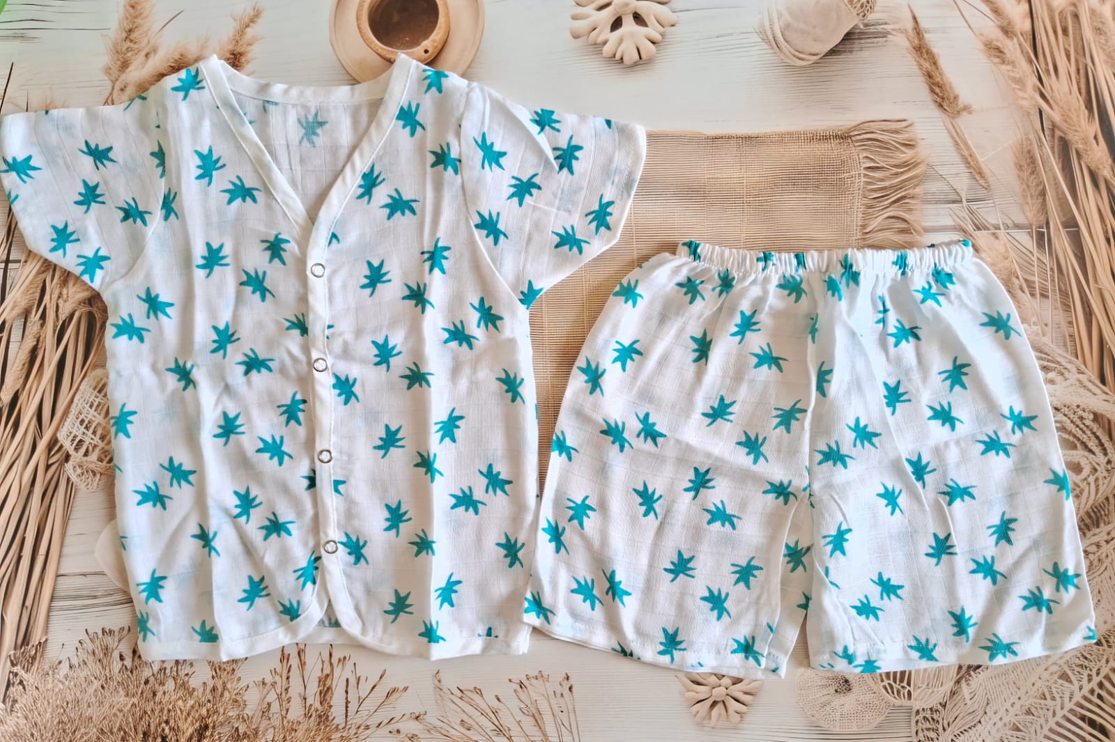 Muslin Jabla Half sleeve Set - Blue Leaf