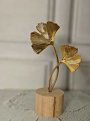 Decorative Golden Metal Plant with Wooden Base