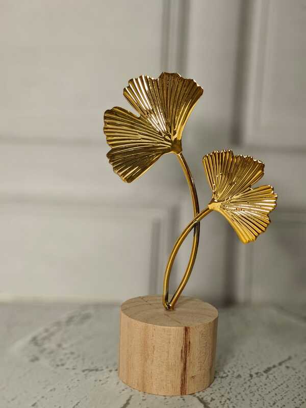 Decorative Golden Metal Plant with Wooden Base