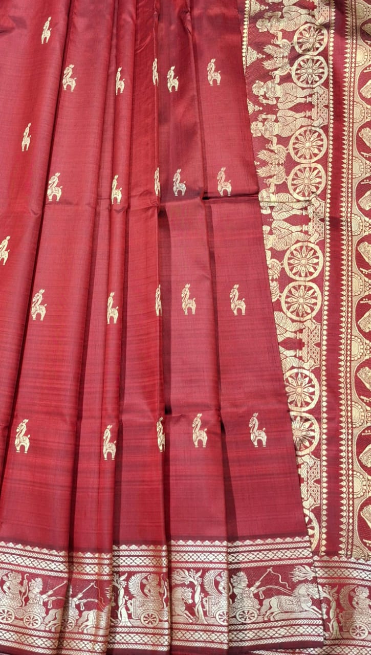 Reddish maroon color with beige motif pure Mulberry silk Baluchari saree