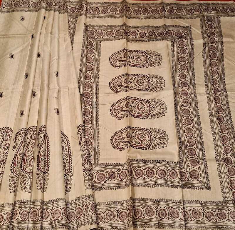 Beige & Maroon Pure Tassar Silk Saree