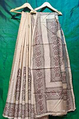 Beige & Maroon Pure Tassar Silk Saree