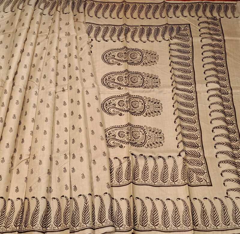 Beige & Black Pure Tassar Silk